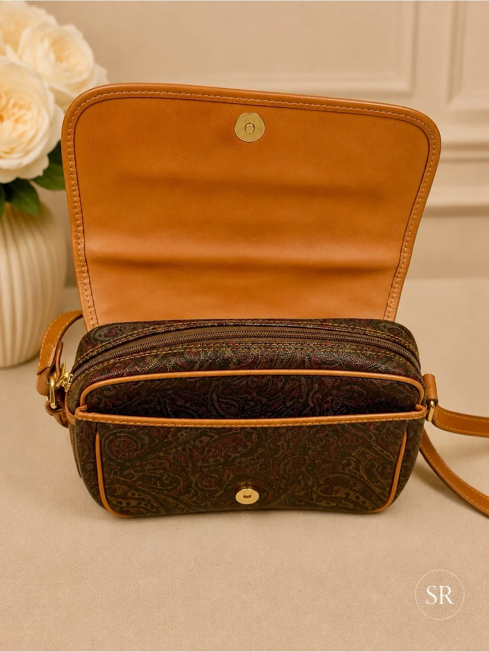 Sold VTG Pierre Balmain Paisley Canvas Leather Trim Crossbody Shoulder Bag